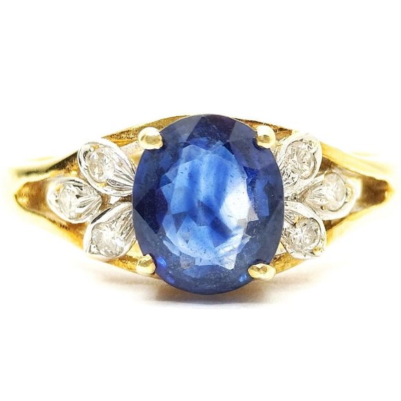 Genuine VTG 1 ct Sapphire Stone + Diamond Genuine 18k Yellow Gold Ring US Sz 7.5 - Picture 1 of 9